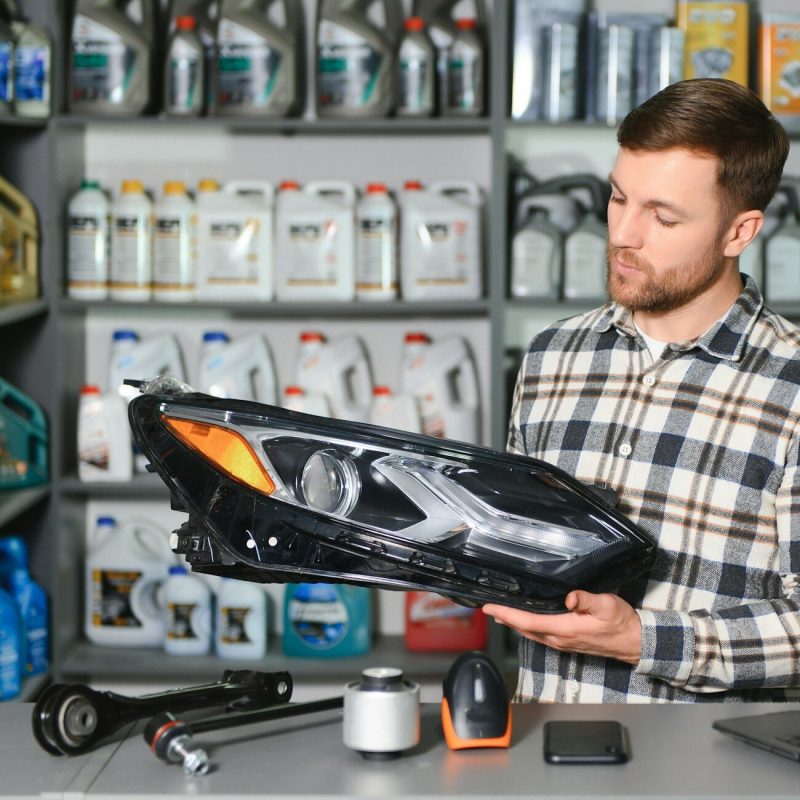 man holds automotive headlight in auto parts store